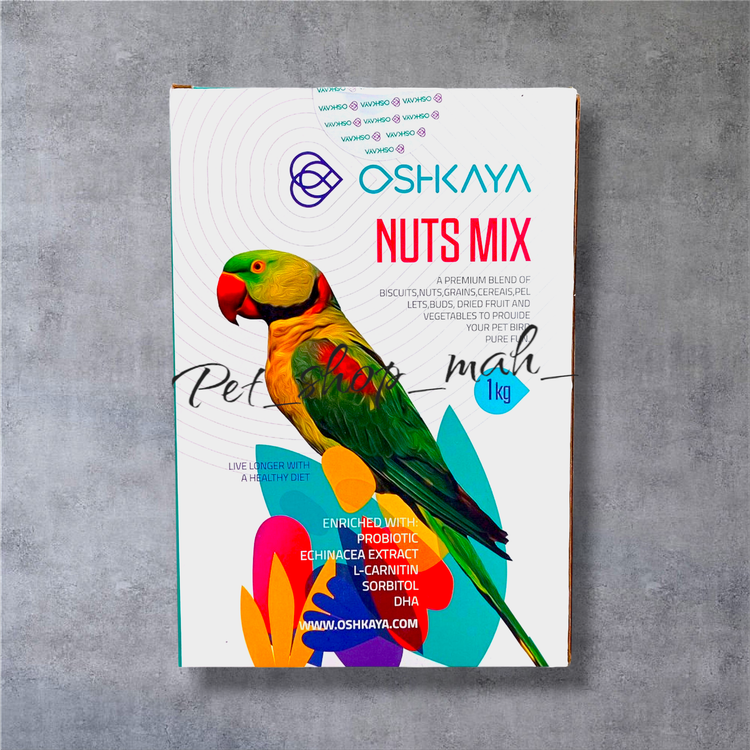 غذای شاهطوطی اوشکایا ۱ کیلوگرم – ترکیب مغزها، دانهها و میوههای خشک – پت شاپ ماه