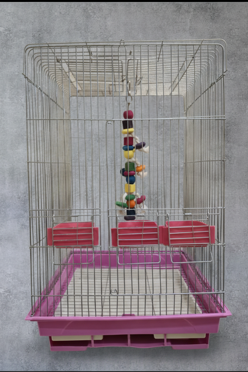 قفس پرنده 1033 پلاس فلزی با کفی پلاستیکی بنفش و اسباببازی رنگی