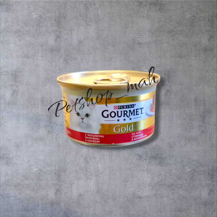 : نمای قوطی کنسرو ۸۵ گرمی پورینا Gourmet Gold طعم گوشت در پتشاپ ماه